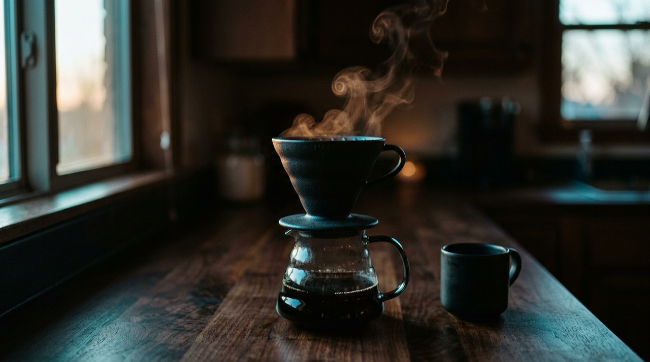 Image Lab still of a pour-over coffee dripper at dawn