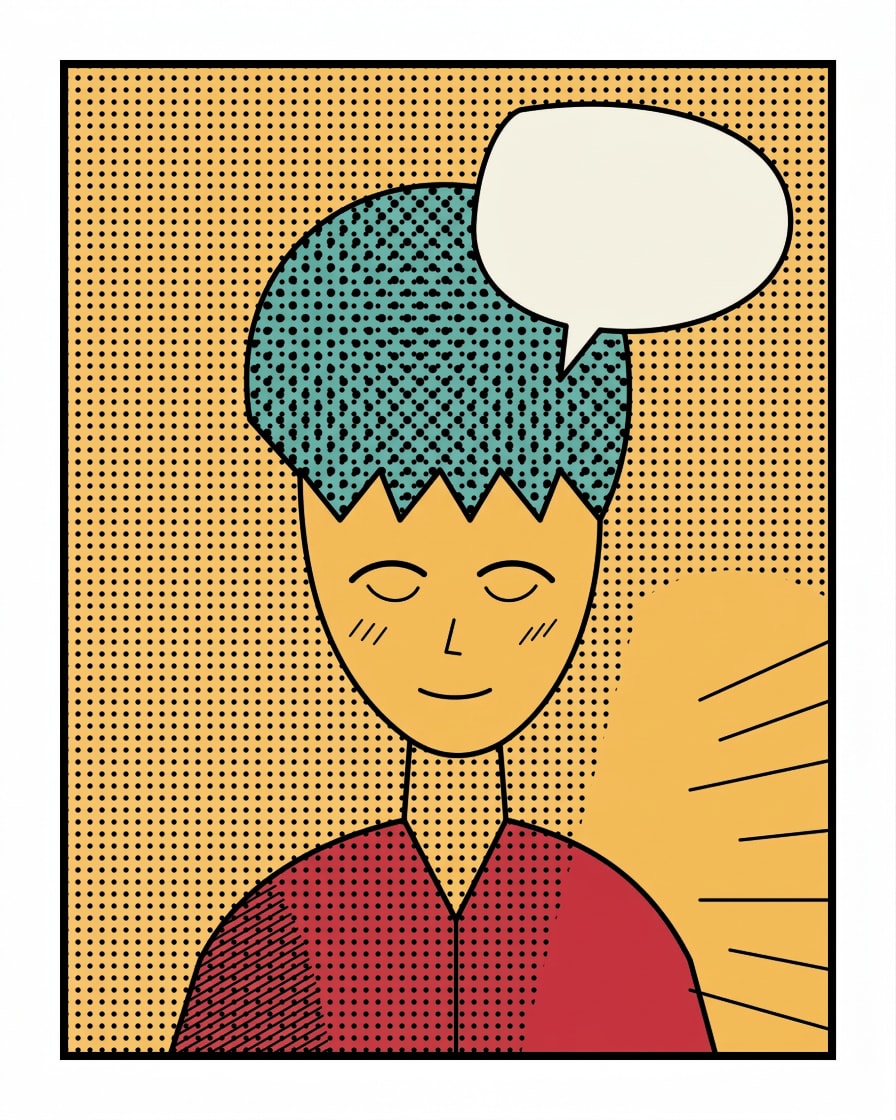 The same manga panel with teal hair, a red shirt, and a warm orange background under unchanged ink