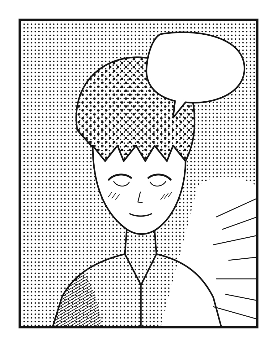 Black and white manga panel with screentone, hatching, speed lines, and an empty speech bubble