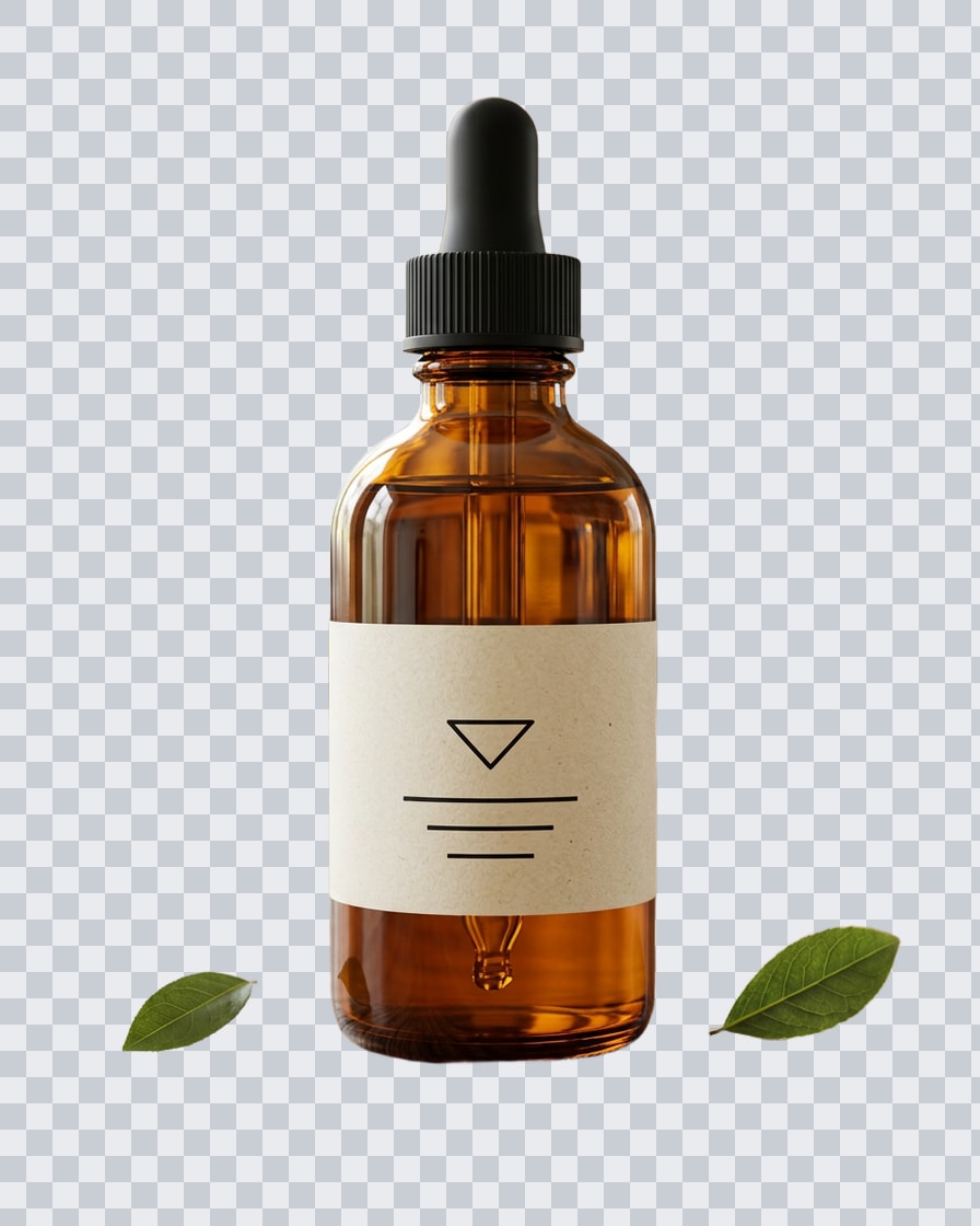 The same bottle and two leaves cut out on a transparent checkerboard background