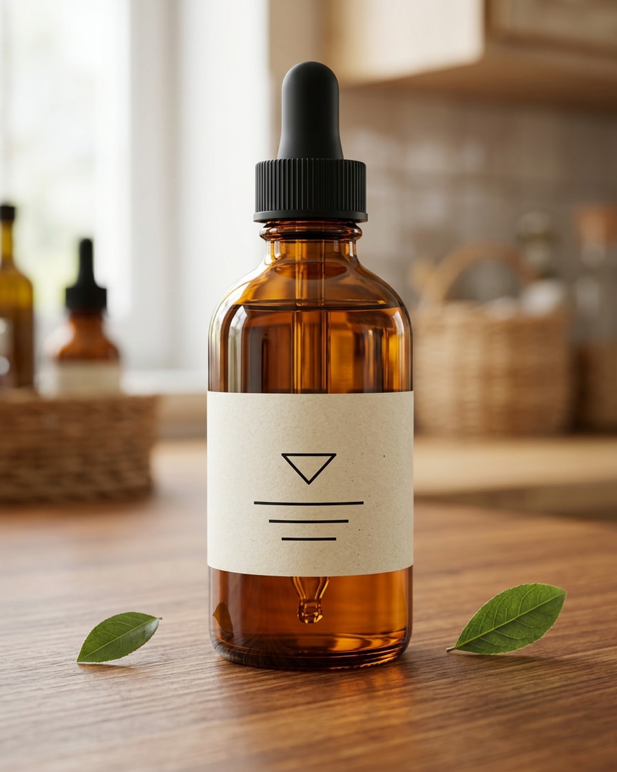 Amber serum bottle with a black dropper and a blank label on a wooden table