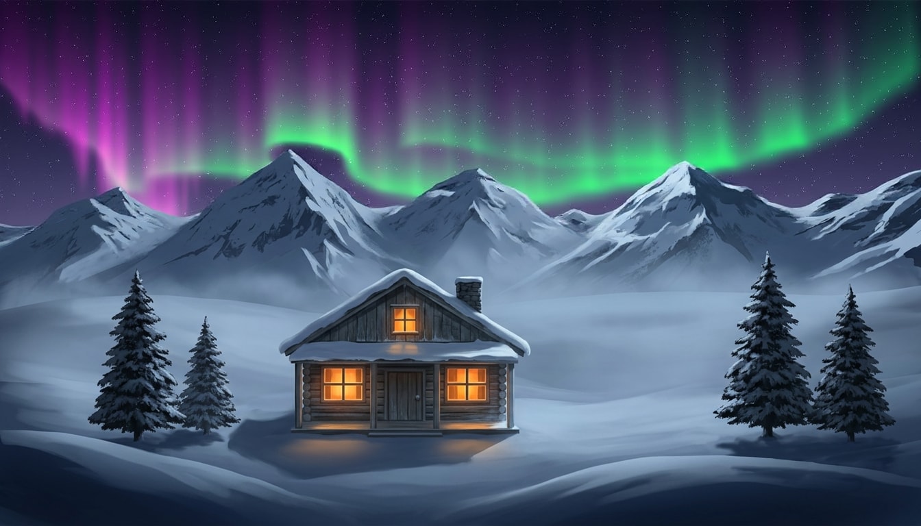 The same landscape with a green and violet aurora filling only the sky