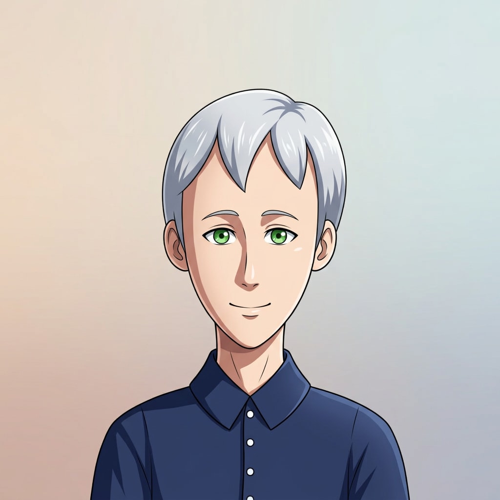 The same bust finished in an anime style with silver hair, green eyes, and a navy shirt