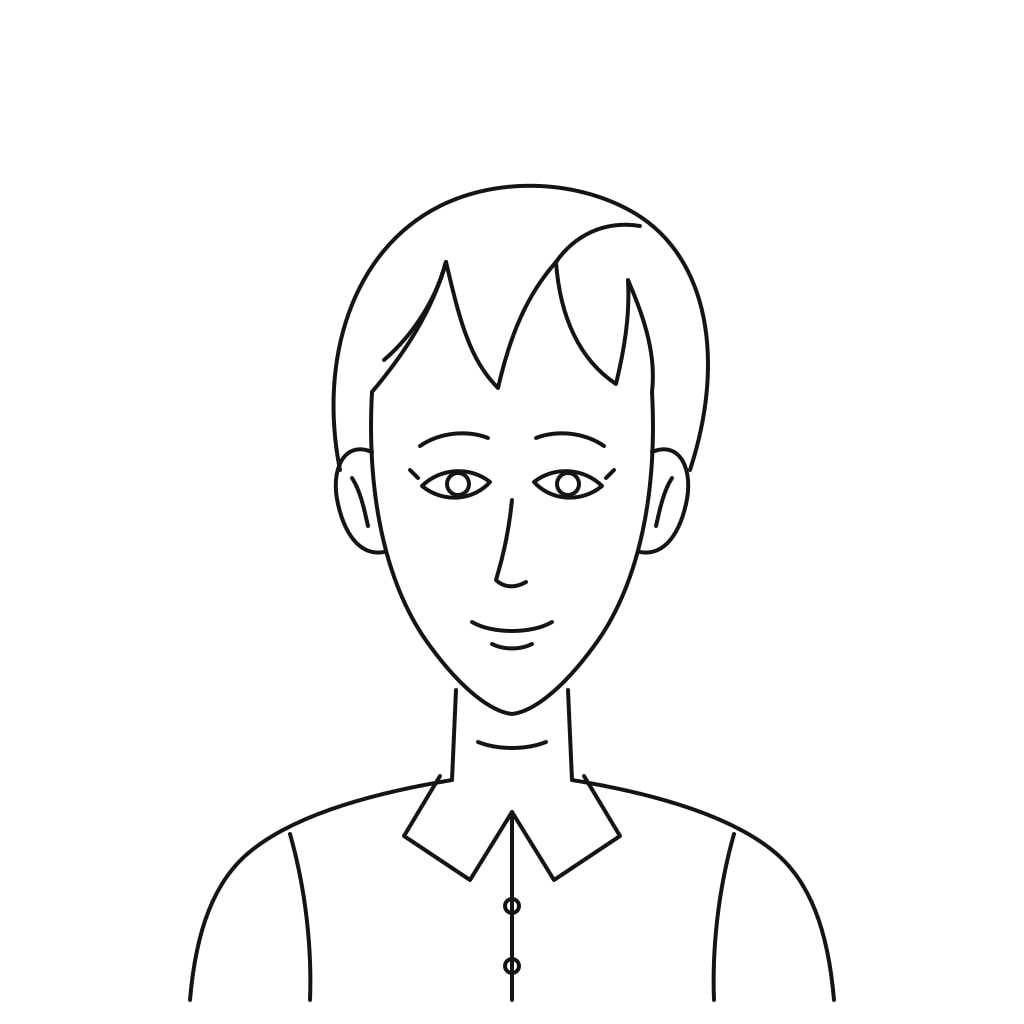 Line sketch of a character bust with short hair and a buttoned collar