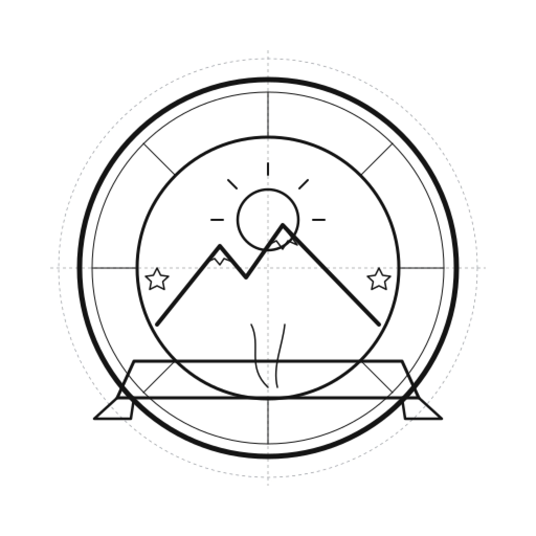 Badge sketch with rings, a mountain and sun, tick marks, and stars at its original size